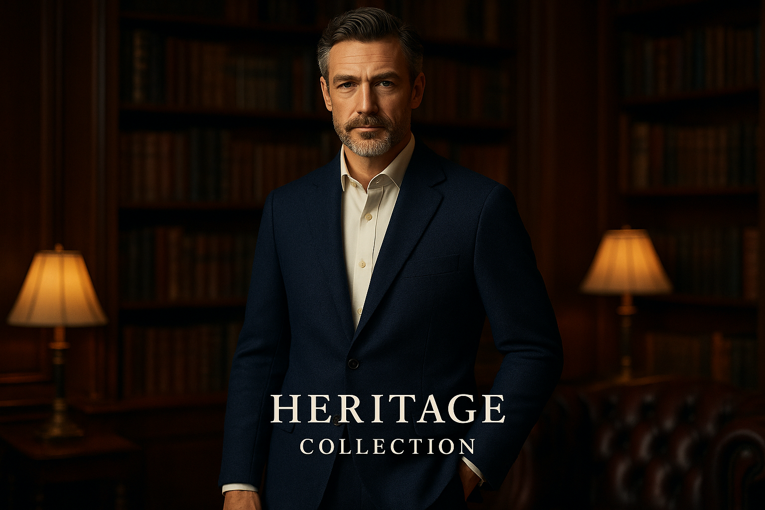 Replace the current banner image with a sophisticated visual featuring a single male model, embodying classic British elegance. He should be impeccably dressed in a key piece from our 'Heritage' collection, perhaps a tailored jacket or a premium shirt. The setting should be subtly luxurious, evoking a sense of timeless tradition—think a dimly lit library, a classic leather armchair, or an upscale, muted backdrop. The focus is on refined quality and enduring style.